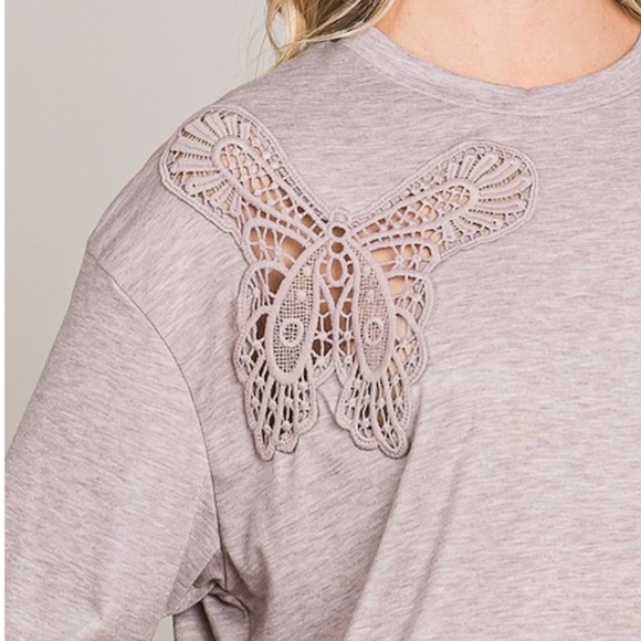 Women's Mauve Crochet Butterfly Detail Oversized Tee - Picture 2 of 5